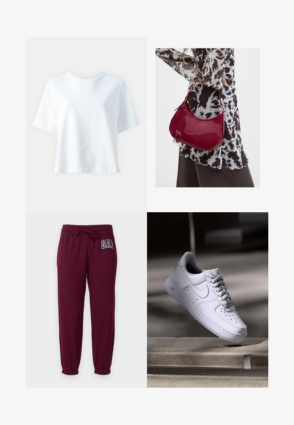 T-shirt en coton blanc avec un col rond, des manches courtes, une coupe décontractée et une texture lisse. Aucune motif ni accent visible.; GAP Petite HERITAGE - Pantalon de survêtement - ruby wine; Baskets Nike Air Force 1 blanches lévitant au-dessus d'une surface en béton avec des ombres dans un cadre minimaliste.; Femme portant un chemisier à motif noir et blanc tenant un sac à main rouge brillant sur un fond uni.