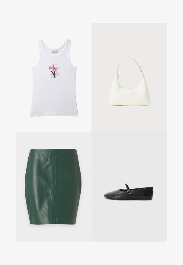 Wit geribd tanktop zonder mouwen met ronde hals, met een rood-zwart Calvin Klein-logo in het midden van de borst.; Groene leren minirok met een gladde textuur en een getailleerde pasvorm. Heeft een naadloos ontwerp zonder zichtbare sluitingen of hardware.; Zwarte leren balletschoenen met een spitse neus, platte zool en een kleine strap met een zilveren gespsluiting.; Kleine witte schoudertas met een enkele verstelbare schouderband en een ritsafsluiting, geplaatst tegen een effen witte achtergrond.