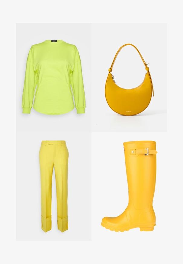 A.W.A.K.E. MODE LONG SLEEVE TOP WITH CUT-OUT DETAIL - Longsleeve - acidlime; BITE Studios TAILORED FOLD UP TROUSER - Broek - neon green; Geel rubberen regenlaars met een gladde oppervlakte, verstelbare gesp, en een gestructureerde zool voor grip. Hoge ontwerp, ronde neus en naadloze body.; Geelleren handtas met een halve maanvorm, gladde textuur, afneembare schouderriem en ritsafsluiting. Voorzien van hardware in goudtint.