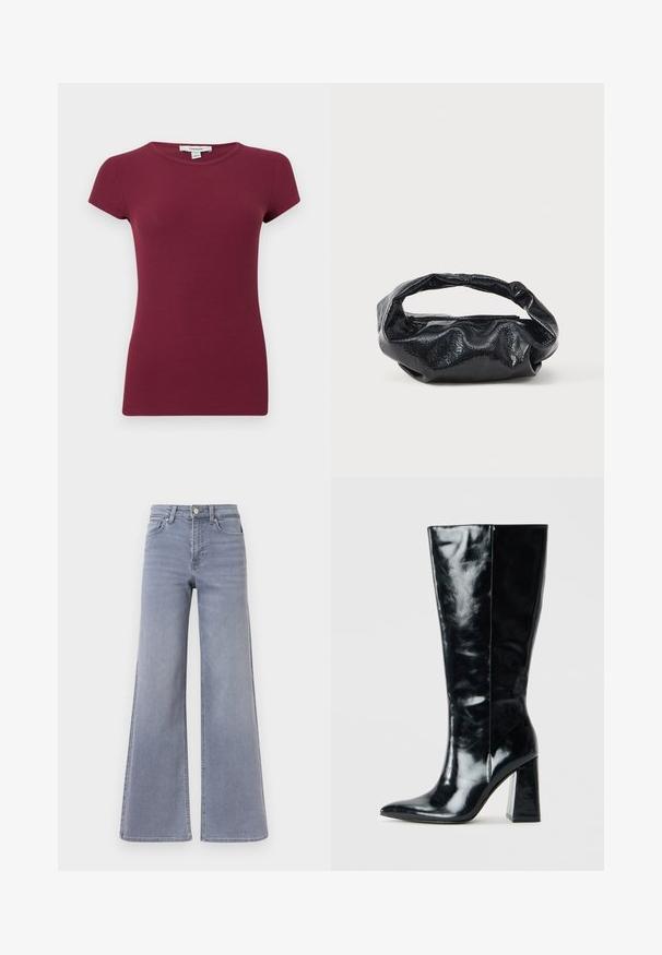 Paars geribd T-shirt met korte mouwen, ronde hals, een aangesloten silhouet en een effen textuur, gepresenteerd tegen een effen achtergrond.; Lichtblauwe denim jeans met een wijde pijp en hoge taille, voorzien van een knoop- en ritssluiting aan de voorkant, met voor- en achterzakken, getoond tegen een witte achtergrond.; Zwarte kniehoge laarzen van glanzend leer, met een puntige neus en een chunky geometrische hak met een zachte textuur.; Zwarte tas van glanzend, textuur materiaal met een ronde, gedraaide handgreep en een ritsluiting. Heeft een zacht, gekreukt ontwerp.