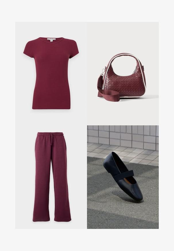 Kortærmet lilla ribstrikket top med rund hals og tætsiddende silhuet, ensfarvet tekstur, vist på ensartet baggrund.; Vinrøde sweatpants med vide ben, elastisk linning og snor, forlommer, vist mod en ensfarvet lys baggrund.; Sort læder flad sko med rund tå, der har en blød sort elastisk strop over vristen. Glat tekstur og minimalistisk design.; Mørkerød vævet lædertaske med buet hank, hvid kant, sølv lynlås og aftagelig bred stofskulderrem mod en ensfarvet baggrund.