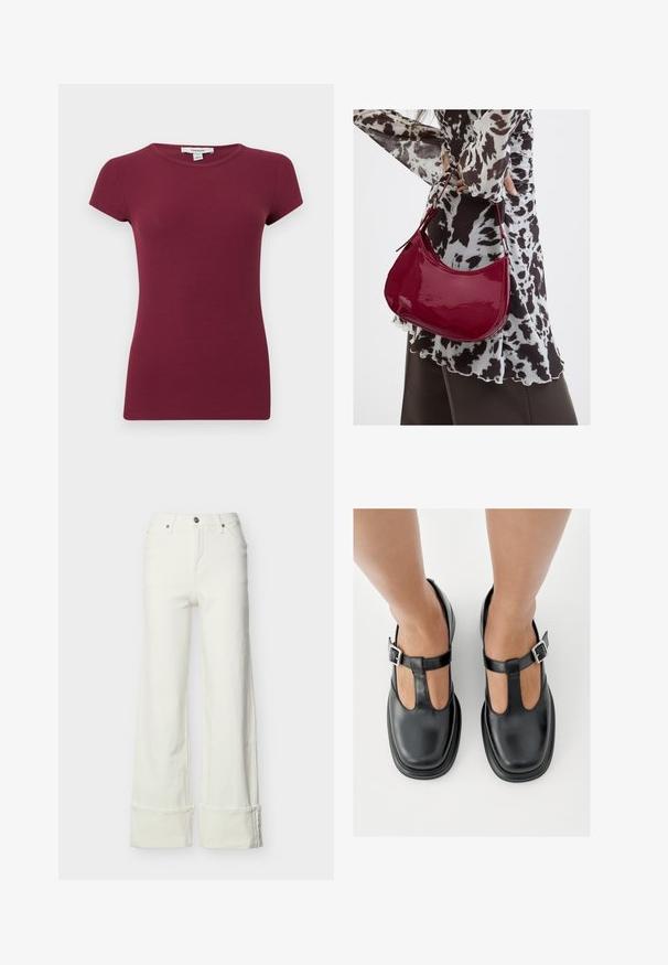 Haut violet côtelé à manches courtes avec encolure ronde, silhouette ajustée et texture unie, présenté sur un fond uni.; Jean blanc à jambes larges avec taille haute, bouton et fermeture éclair à l'avant, passants de ceinture, poches avant et arrière, et ourlets repliés.; Chaussures en cuir noir avec un design à bride en T, bout fermé et accents de boucles argentées. Texture lisse avec un bout arrondi et une semelle plate.; Femme portant un chemisier à motif noir et blanc tenant un sac à main rouge brillant sur un fond uni.