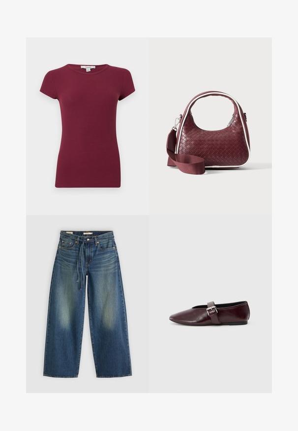 Top morado de manga corta con cuello redondo acanalado, silueta ajustada y textura lisa, exhibido sobre un fondo sencillo.; Jeans de mezclilla de pierna ancha en azul oscuro con un diseño desgastado, que presentan una cinturilla con cordón y un estilo de cinco bolsillos.; Bailarinas de cuero burdeos con punta afilada, suela plana y una correa decorativa con hebilla a lo largo del empeine. Textura suave y brillante.; Bolso de mano de cuero tejido color granate con asa curva, ribete blanco, cremallera plateada y correa desmontable de tela ancha para el hombro sobre fondo liso.