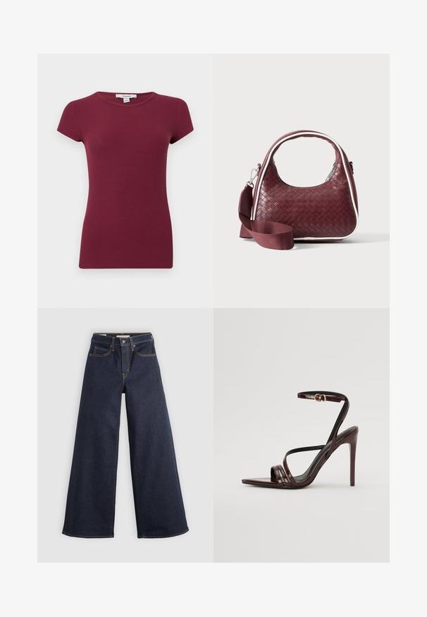 Paars geribd T-shirt met korte mouwen, ronde hals, een aangesloten silhouet en een effen textuur, gepresenteerd tegen een effen achtergrond.; Wijde denim jeans in donkerblauw met contrasterende stiksels. Bevat een traditionele vijf-pocketontwerp en een knoopsluiting in de taille.; Bordeaux gepatineerde leren hoge hakken sandaal met een enkelbandje, puntige neus en drie horizontale banden over de voet. Details met gouden gesp.; Donkerrode geweven leren handtas met gebogen handvat, witte bies, zilveren rits en afneembare brede stoffen schouderriem tegen een effen achtergrond.