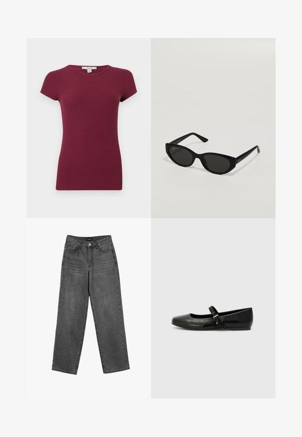 Paars geribd T-shirt met korte mouwen, ronde hals, een aangesloten silhouet en een effen textuur, gepresenteerd tegen een effen achtergrond.; Zwarte high-waisted straight-leg jeans met een knoop aan de voorkant en zakken, weergegeven op een witte achtergrond.; Zwarte leren balletschoenen met een ronde neus, een platte zool en een dunne verstelbare band over de wreef met een metalen gesp.; Zwarte zonnebril met een smal, kattenoogvorm. Gemaakt van glad plastic, met donkere glazen en subtiele logo-accenten op de veren.