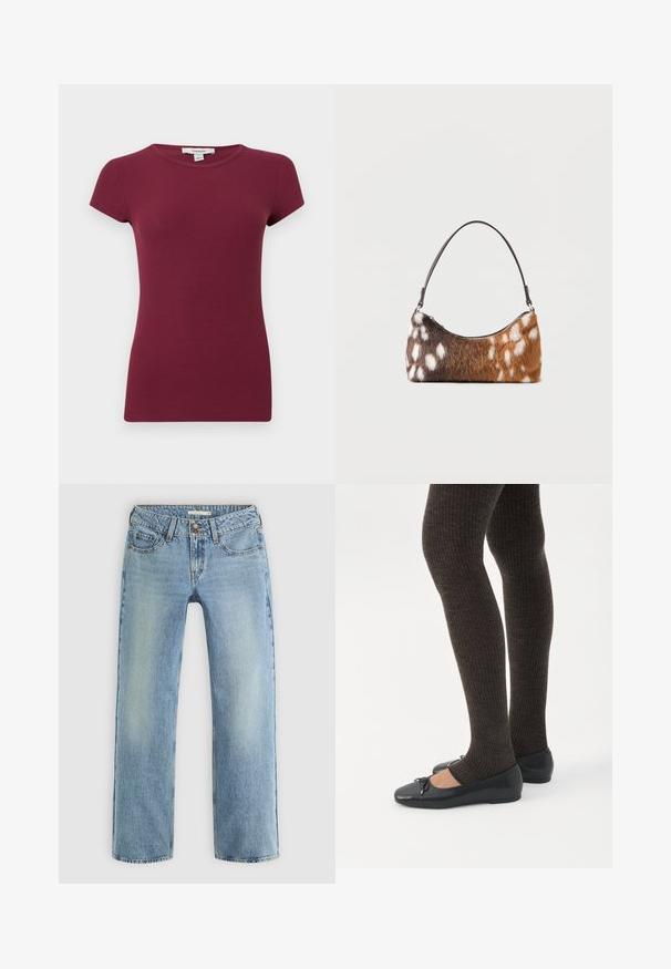 Haut violet côtelé à manches courtes avec encolure ronde, silhouette ajustée et texture unie, présenté sur un fond uni.; Jeans droits bleu clair en denim, dotés d'une fermeture à bouton, de cinq poches et d'un léger dégradé le long des jambes.; Jambes portant des leggings côtelés foncés associés à des ballerines noires avec de petits détails en nœud sur fond blanc.; Sac à bandoulière en fausse fourrure tachetée marron et blanche avec une fine sangle noire, présenté sur un fond blanc.