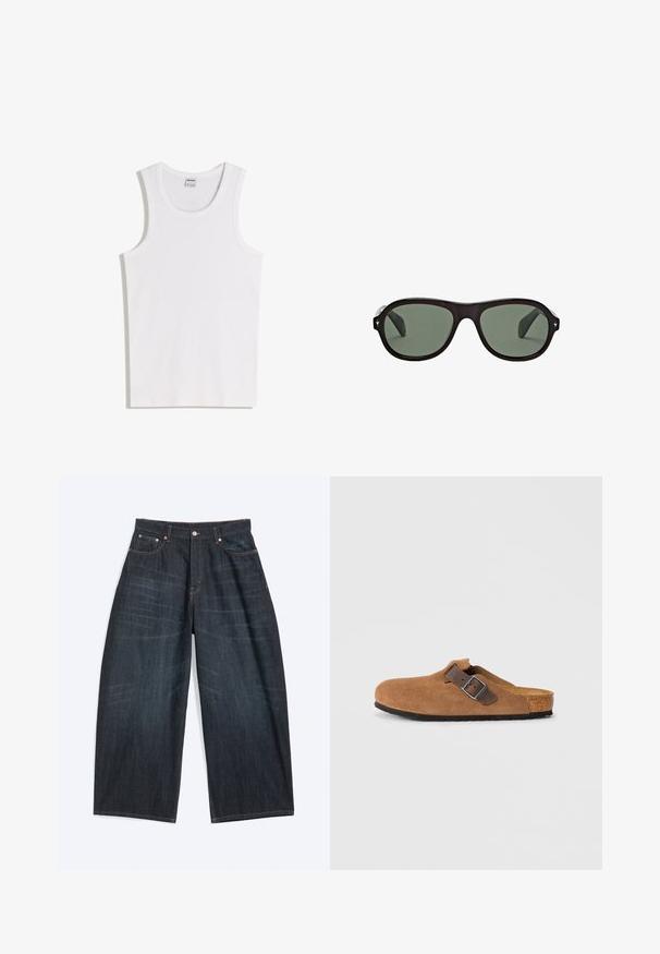 Hvid bomulds tanktop med rund halsudskæring og brede skulderstropper. Glat tekstur, uden mønstre eller detaljer, enkelt design.; Mørkeblå jeans med brede ben, forlommer, knaplukning og synlige syninger, lagt fladt på en hvid baggrund.; Brune ruskindsklogs med en justerbar brun læderrem og sølv spænde, der har en formet korkfodbed og en tekstureret gummi sål.; Sorte ovale solbriller med mørkegrønne linser og små sølvstjerneformede detaljer på kantene af stellet.