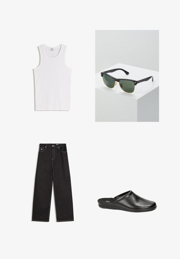 Witte katoenen tanktop met een ronde halslijn en brede schouderbanden. Gladde textuur, geen patronen of accenten, eenvoudig ontwerp.; Zwarte jeans met wijde pijpen, contrasterende witte stiksels, knoopsluiting, lussen voor een riem en een ontwerp met vijf zakken, waaronder een klein logoplaatje op de voorzak.; Zwarte leren klompen met een ronde neus, lage hak en instapontwerp. Kenmerkt zich door een gladde textuur en subtiele stikseldetails op de bovenkant.; Ray-Ban zonnebrillen met groene lenzen, zwarte plastic monturen en gouden accenten aan de randen. Vierkante vorm met een matte afwerking.