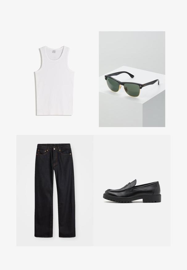 Débardeur blanc en coton avec un col rond et de larges bretelles. Texture lisse, sans motifs ni accents, design simple.; Jean en denim noir pour hommes, coupe droite, avec cinq poches et surpiqûres orange, fermeture par bouton et zip à la taille avant.; Mocassins en cuir noir avec un bout arrondi, un design à enfiler et une semelle en caoutchouc épaisse avec une texture antidérapante. Talon surélevé et détails de surpiqûre subtils.; Lunettes de soleil Ray-Ban avec des verres verts, monture en plastique noir et accents dorés sur les bords. Forme carrée avec une finition mate.