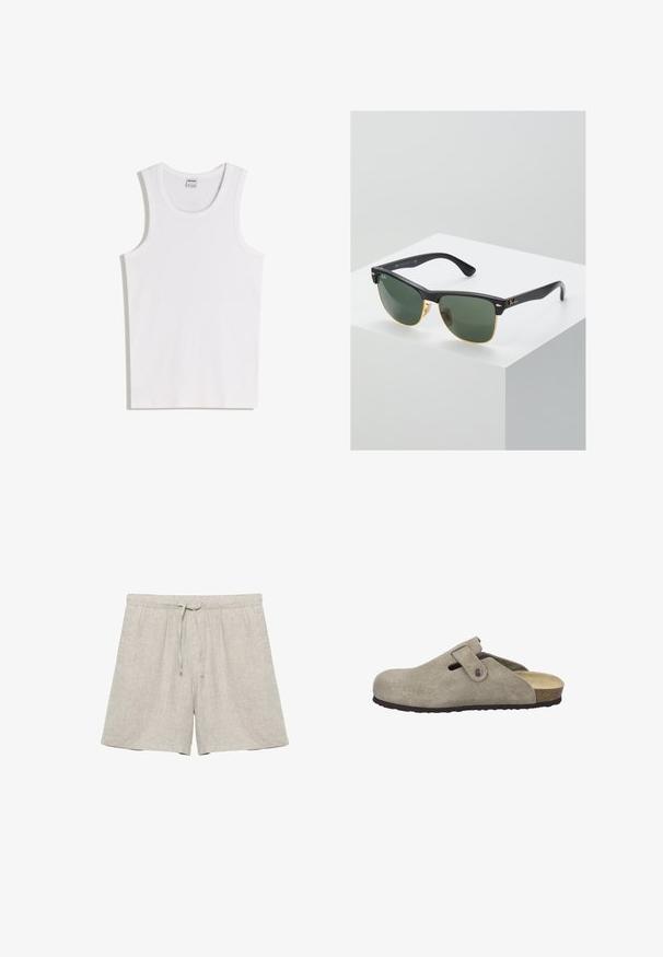 Débardeur blanc en coton avec un col rond et de larges bretelles. Texture lisse, sans motifs ni accents, design simple.; Shorts en lin beige clair avec taille élastique et cordon de serrage, coupe droite, sans marque visible ni motifs.; Josef Seibel Sabots - taupe; Lunettes de soleil Ray-Ban avec des verres verts, monture en plastique noir et accents dorés sur les bords. Forme carrée avec une finition mate.