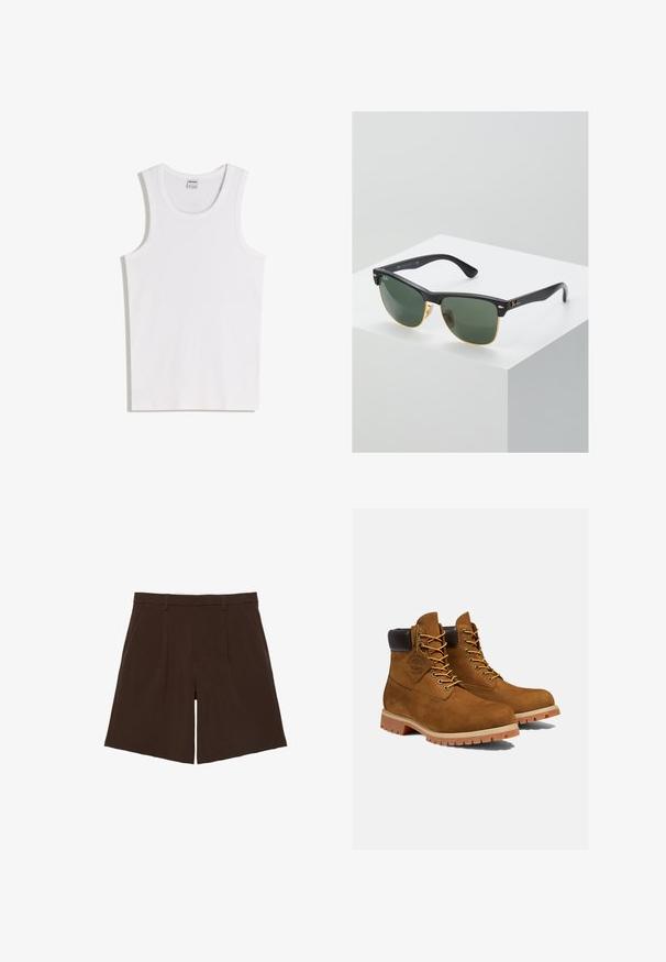 Débardeur blanc en coton avec un col rond et de larges bretelles. Texture lisse, sans motifs ni accents, design simple.; Shorts marron foncé coupés au genou, cintrés avec passants de ceinture et plis sur le devant, présentés à plat sur fond blanc.; Bottines en daim marron avec un col rembourré noir, œillets dorés et semelle en caoutchouc épais avec un motif à crampons pour l'adhérence.; Lunettes de soleil Ray-Ban avec des verres verts, monture en plastique noir et accents dorés sur les bords. Forme carrée avec une finition mate.