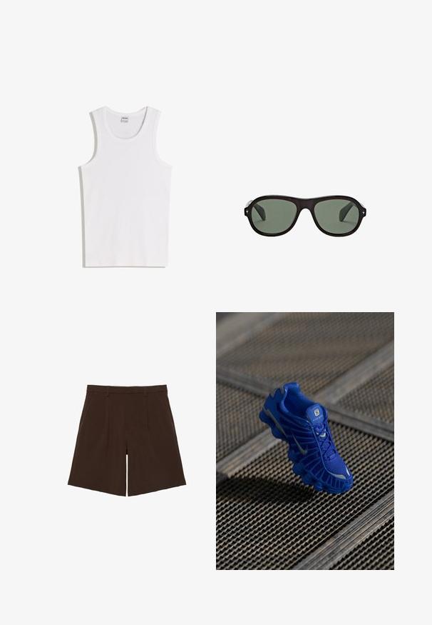 Hvid bomulds tanktop med rund halsudskæring og brede skulderstropper. Glat tekstur, uden mønstre eller detaljer, enkelt design.; Mørkebrune knælange skræddersyede shorts med bæltestropper og forreste læg, vist fladt på hvid baggrund.; Blå sportsko med overdel i mesh, struktureret design og fremtrædende sål med tydelige dæmpningselementer og reflekterende detaljer.; Sorte ovale solbriller med mørkegrønne linser og små sølvstjerneformede detaljer på kantene af stellet.
