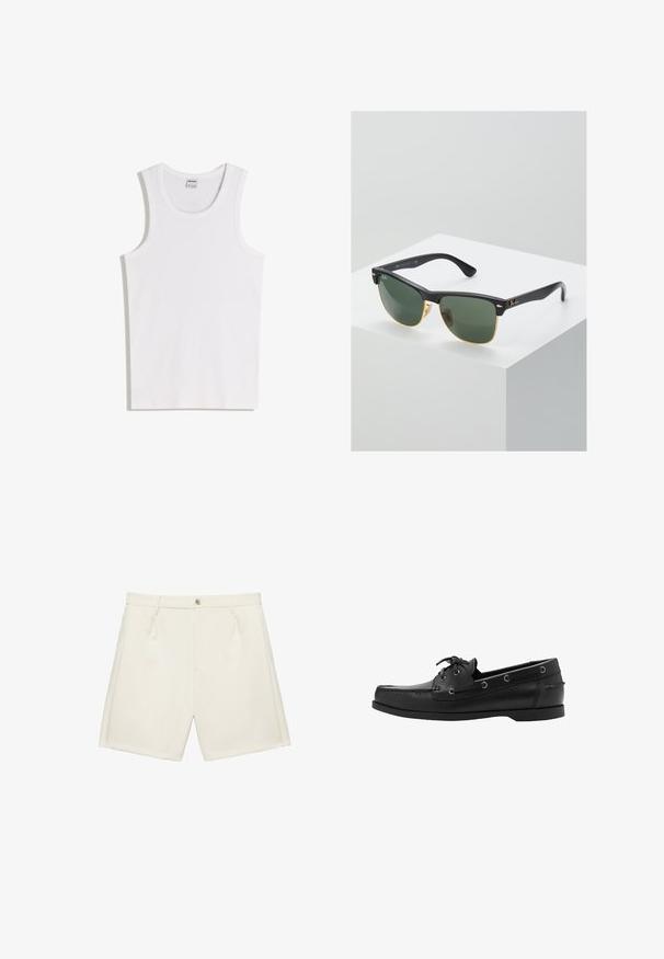 Débardeur blanc en coton avec un col rond et de larges bretelles. Texture lisse, sans motifs ni accents, design simple.; Shorts crème sur mesure avec fermeture à bouton devant, passants de ceinture et poches latérales, posés à plat sur fond blanc.; Chaussure bateau en cuir noir avec laçage à l'avant, œillets latéraux, bout cousu, et semelle plate en caoutchouc, vue de côté.; Lunettes de soleil Ray-Ban avec des verres verts, monture en plastique noir et accents dorés sur les bords. Forme carrée avec une finition mate.