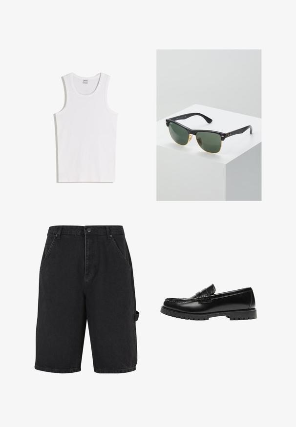 Weißes Baumwoll-Tanktop mit rundem Ausschnitt und breiten Trägern. Glatte Textur, keine Muster oder Akzente, schlichtes Design.; Schwarze Denim-Shorts mit lockerer Passform, Fronttaschen und seitlicher Akzenttasche. Der Stoff hat eine subtile Textur und eine robuste Verarbeitung.; Schwarzer Leder-Slipper mit dicker Gummisohle und klassischem Penny-Detail an der Riemen, von der Außenseite gezeigt.; Ray-Ban Sonnenbrillen mit grünen Gläsern, schwarzen Kunststoffrahmen und goldenen Akzenten an den Rändern. Quadratische Form mit matter Oberfläche.