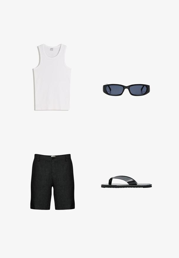 Witte katoenen tanktop met een ronde halslijn en brede schouderbanden. Gladde textuur, geen patronen of accenten, eenvoudig ontwerp.; Zwarte linnen shorts met een vlakke voorkant, riemlussen en een enkele knoopsluiting. Ze hebben een gestructureerde stof en licht toegespitste broekspijpen.; Zwarte platte teenslipper met brede teenband en gestructureerde zool, zijaanzicht op een witte achtergrond.; Zwarte rechthoekige zonnebril met donker getinte glazen op een witte achtergrond, van voren gezien.