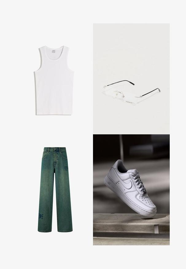 Weißes Baumwoll-Tanktop mit rundem Ausschnitt und breiten Trägern. Glatte Textur, keine Muster oder Akzente, schlichtes Design.; Weite Jeans aus dunkelblauem Denim mit einer dezenten, verblassten Textur. Mit Gesäßtaschen und einem dekorativen Logodetail.; Weißer Nike Air Force 1 Sneaker aus Leder mit perforierter Zehenpartie, flachen Schnürsenkeln und strukturierter Gummisohle mit "AIR"-Branding an der Seite.; Randlose rechteckige Montblanc-Brille mit dünnen schwarzen Bügeln und transparenten Nasenpolstern auf weißem Untergrund.