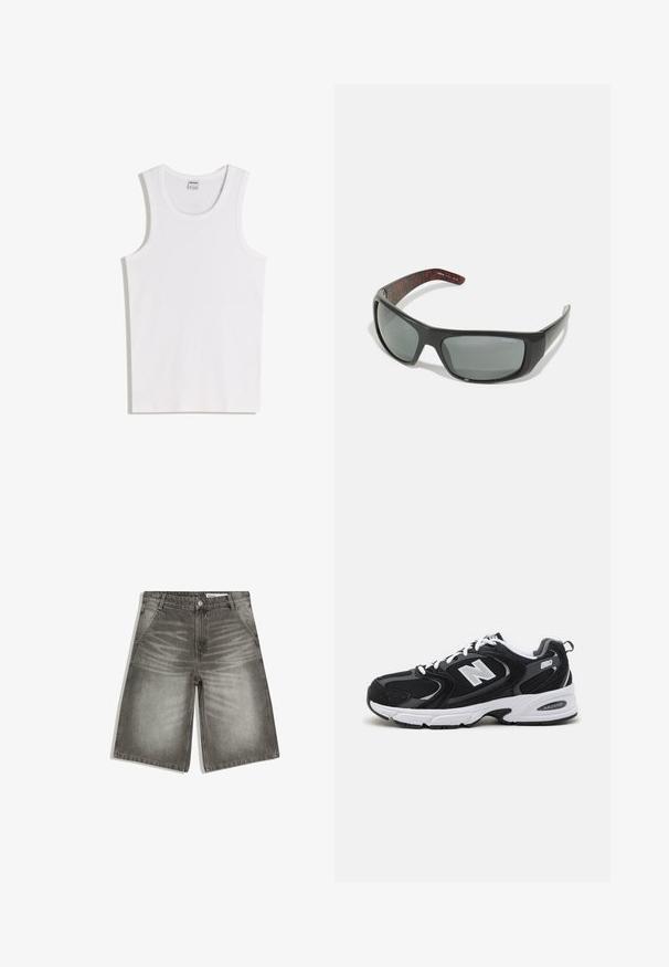 Débardeur blanc en coton avec un col rond et de larges bretelles. Texture lisse, sans motifs ni accents, design simple.; Shorts en denim gris avec poches avant, fermeture par boutons, passants pour ceinture, et détails décolorés sur les cuisses et près de la fermeture éclair.; Baskets de sport noires et grises avec un tige en mesh et en suède, présentant une semelle intermédiaire blanche, des lacets et un logo "N" audacieux sur le côté.; Arnette HOT SHOT - Lunettes de soleil - dark grey