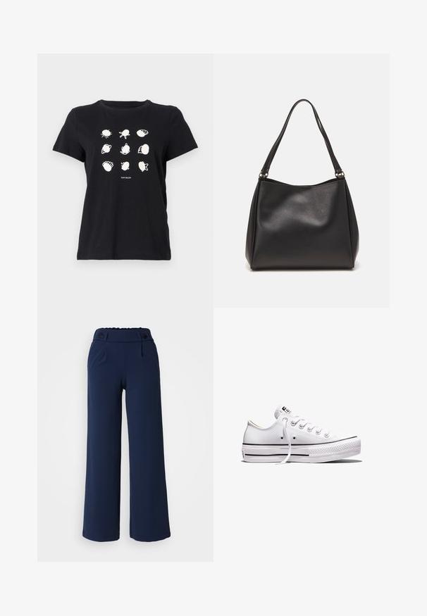 Sort bomulds T-shirt med hvide trykte illustrationer af skaller og havdyr arrangeret i et gitter, med rund hals og korte ærmer.; Marineblå vidde bukser lavet af blødt stof; har flad front, to sidelommer og dobbelt knaplukning i taljen.; Lavtop hvid lærredsneaker med hvide snørebånd, gummisål, sorte stribedetaljer og logo-patch på tungen og hælen.; Sort syntetisk lædertaske med blød tekstur, hobo-form og dobbelte skulderremme; har en blank overflade og minimalistisk design.