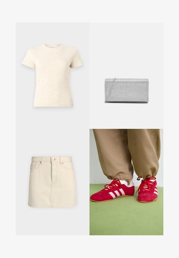 Cremefarbenes T-Shirt mit kurzen Ärmeln und strukturiertem Rippmuster, das dezente Sprenkel aufweist. Klassischer Rundhalsausschnitt und figurbetonte Passform.; Off-White Denim Minirock mit Gürtelschlaufen, vorne mit Knopfverschluss und zwei Fronttaschen vor unifarbenem Hintergrund.; Rote Wildleder-Sportschuhe mit weißen Streifen, flacher Gummisohle und roten Schnürsenkeln. Getragen mit beigen Hosen, platziert auf einer grünen Fläche.; Silberne metallische Clutch-Tasche mit gewebtem Mesh-Design, rechteckiger Form und einer Kettenriemen zum Tragen. Glatte Textur und polierte Oberfläche.