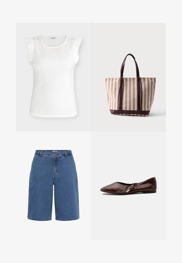 Weißes, geripptes ärmelloses Top mit rundem Ausschnitt und gerafften Schulterdetails, mit dem Label Marc O’Polo Denim.; Denim-Shorts mit blauem Waschdesign, klassischem Schnitt, fünf Taschen und kontrastierenden Nähten an den Säumen. Mittlere Taillenhöhe und gerades Bein.; Dunkelbrauner spitzer Lederschuh mit flacher Sohle, dekorativer Schleife und Holzperlen an der Seite vor weißem Hintergrund.; Leinentasche mit vertikalen beigen und kastanienbraunen Streifen, kastanienbraunen Ledergriffen und Boden, vor hellem Hintergrund stehend.