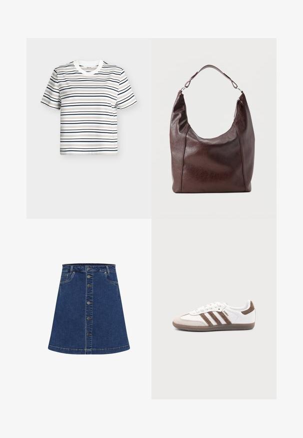 Camiseta blanca de manga corta con rayas horizontales en beige, azul claro, azul marino y negro. Cuello redondo con ribete plano acanalado.; Falda de mezclilla en línea A de color azul oscuro con cierre de botones en el frente y costuras en contraste. Presenta dos bolsillos laterales y un dobladillo por encima de la rodilla.; Zapatilla blanca Adidas Samba con franjas de ante marrón, suela de goma marrón y puntera de ante beige, vista desde el lado exterior sobre un fondo liso.; Bolso de hombro de cuero marrón oscuro con una sola correa ajustable, parte superior ligeramente curva y cierre de cremallera en un lado.