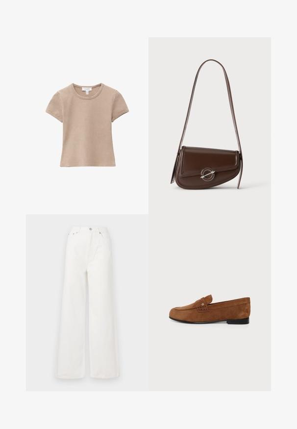 T-shirt beige en coton à manches courtes avec col rond, coutures visibles et étiquette en tissu au niveau de l'encolure, posé à plat sur un fond blanc.; Jeans large à taille haute blancs en denim. Comprend des poches avant, une fermeture à bouton et des détails d'ourlet effiloché.; Mocassin marron en cuir suédé à enfiler avec un petit détail métallique sur la bride et un petit talon noir, vu de côté.; Sac à épaule en cuir marron avec rabat asymétrique et fermoir circulaire argenté, présenté sur un fond blanc uni.