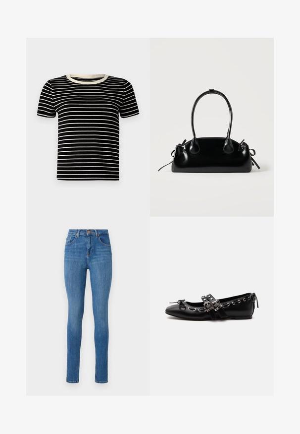 Camiseta de manga corta a rayas negras y crema con textura acanalada y cuello redondo. Las rayas están distribuidas uniformemente y son horizontales.; Jeans ajustados en denim azul medio, con una cintura alta, diseño clásico de cinco bolsillos, ligero desgaste y una textura suave.; Zapato de ballet plano negro con correas de doble hebilla, ojales plateados y un pequeño lazo cerca de la puntera redondeada sobre un fondo blanco.; Pequeño bolso negro brillante con dos asas largas y detalles de cordón lateral sobre un fondo claro liso.