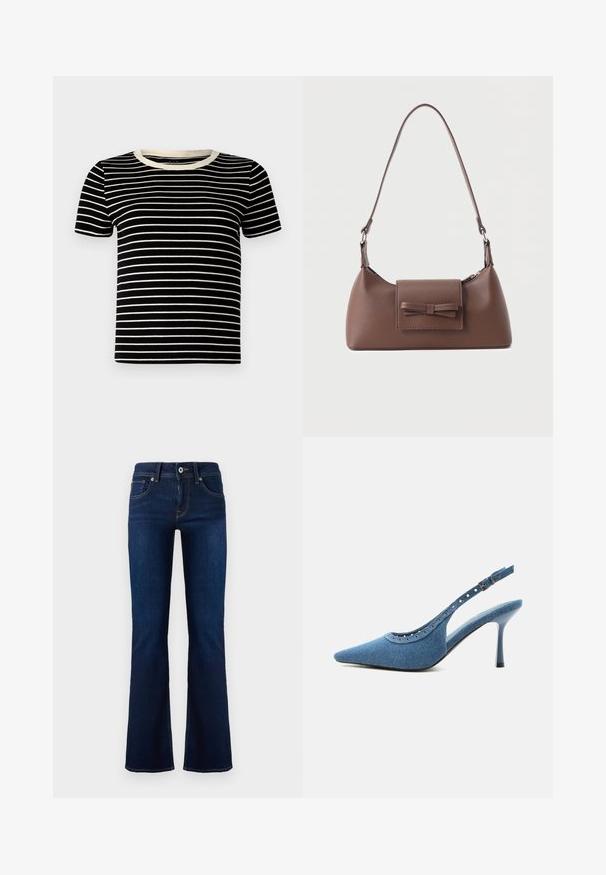 Sort og creme-stribet kortærmet t-shirt med ribbet struktur og rund halsudskæring. Striberne er jævnt fordelt og horisontale.; Mørkeblå denim flared jeans med en mid-rise talje, forlommer og kontrasterende syninger. Har metalknaplukning og bæltestropper.; Blå denim spids tå slingback sko med høj hæl, sølv øjendesign og justerbar spænde.; Brun skuldertaske i læder med en frontlomme med klap, der har en sydd sløjfedetalje, og en justerbar rem.