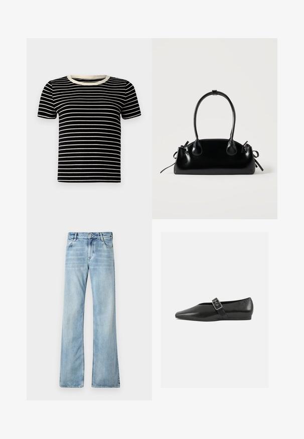 Sort og creme-stribet kortærmet t-shirt med ribbet struktur og rund halsudskæring. Striberne er jævnt fordelt og horisontale.; Lyseblå flagrende jeans lavet af denim, med fem lommer, knaplukning og let blødgøring for en slidt effekt.; Sorte læder flade sko med spidse tæer, prydet med en metallisk spænde over vristen og en lav, fleksibel sål.; Lille sort blank håndtaske med to lange håndtag og snøre-detaljer i siden på en ensfarvet lys baggrund.