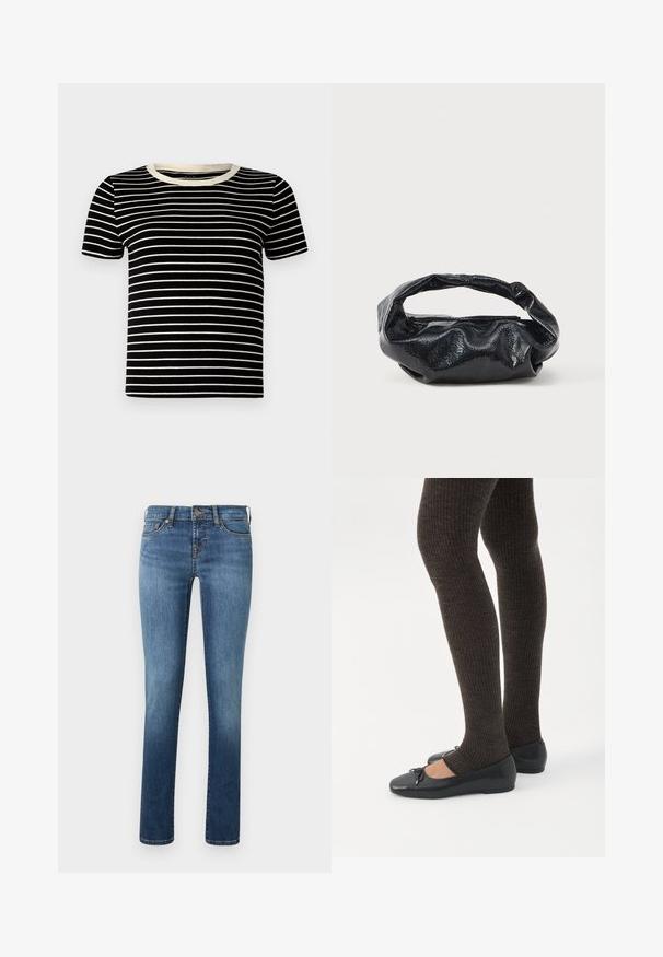 Sort og creme-stribet kortærmet t-shirt med ribbet struktur og rund halsudskæring. Striberne er jævnt fordelt og horisontale.; Blå denim jeans med lige ben, der har en let falmning, fem lommer og en enkelt knaplukning i taljen.; Ben iført mørke ribbede leggings kombineret med sorte balletsko med små sløjfedetaljer på hvid baggrund.; Sort taske lavet af blankt, tekstureret materiale med et cirkulært, snoet håndtag og lynlås. Har et blødt, rynket design.