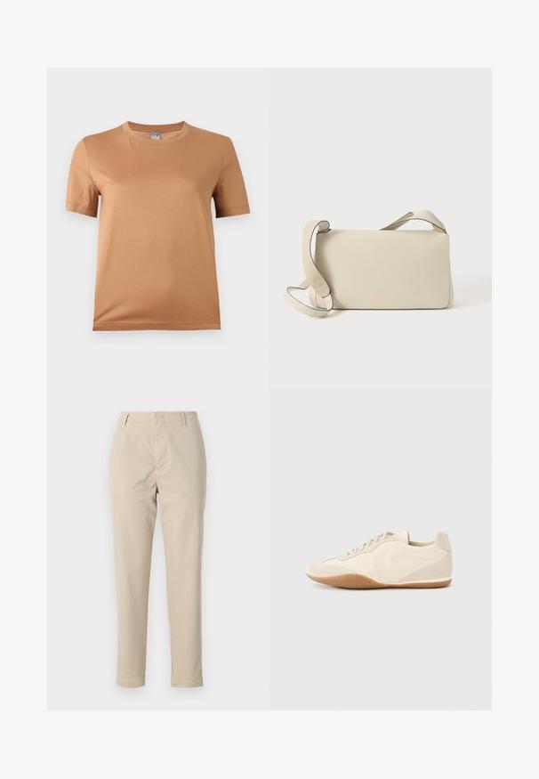 Beiges T-Shirt mit kurzen Ärmeln und Rundhalsausschnitt, mit kleinem grauem Etikett mit der Aufschrift "MM" am Halsausschnitt, vor hellem Hintergrund dargestellt.; Beige Baumwollhose mit geradem Schnitt, Gürtelschlaufen und Reißverschluss. Der Stoff hat eine glatte Textur und keine sichtbaren Muster oder Akzente.; Hellbeige Sneaker mit strukturiertem Lederupper, strukturierten seitlichen Einsätzen und einer Gummisohle. Verfügt über ein schlankes, stromlinienförmiges Design und flache Schnürsenkel.; Helleleder-Schultertasche in Cremefarbe mit verstellbarem Tragegurt und Klappenverschluss, vor einem schlichten weißen Hintergrund.