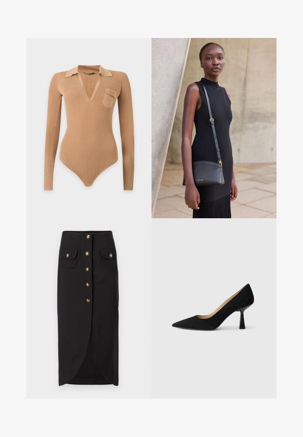 Body beige côtelé à manches longues avec profond décolleté en V, col, petite poche poitrine avec initiales dorées et fermeture par pressions en bas.; Jupe midi noire avec des boutons dorés à l'avant, deux poches à rabat avec des boutons dorés assortis et une légère fente frontale.; Pompe à talons hauts en suède noir avec un bout pointu, dotée d'un talon bloc noir brillant et d'une doublure intérieure lisse.; Jeune femme en robe noire sans manches portant un sac bandoulière en cuir noir, debout contre un mur en béton clair.