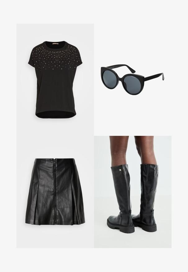 Zwarte T-shirt met korte mouwen, voorzien van een verloop van metalen gouden en zilveren studs rond de halslijn, zachte stof en een ronde zoom.; Zwarte leren rok met een ritsluiting aan de voorkant en een geplooid ontwerp, met een gladde textuur en een aansluitende silhoeet.; Zwarte leren kniehoge laarzen met een gladde textuur, ronde neus, stevige zool en ritssluiting. Voorzien van een zilveren logo aan de zijkant.; Zwarte oversized zonnebril met een kattenoogvorm, donkere getinte lenzen en een glanzend plastic montuur. Beschikt over dikke tempels voor extra ondersteuning.