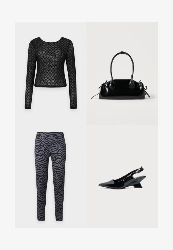 Haut noir à manches longues avec un design texturé à motif en chevron. Présente un col rond et une silhouette ajustée, fabriqué dans un matériau transparent.; Legging ajustés en noir et gris avec un motif zèbre. Fabriqués en tissu lisse et extensible. Conception à longueur complète.; Chaussure slingback en cuir verni noir avec bout pointu et petit talon bloc incliné sur fond clair uni.; Petit sac à main noir brillant avec deux longues anses et des détails à cordon sur les côtés sur un fond clair uni.