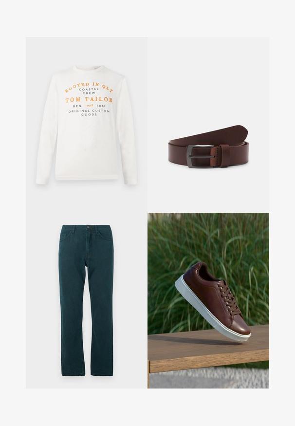 Chemise blanche à manches longues avec un texte orange et noir indiquant "Rooted in QLY Coastal Crew Tom Tailor Reg 1962 TRM Original Custom Goods" sur le devant.; Jean droit bleu canard avec fermeture à bouton et zip à l'avant, poches avant et arrière, présenté à plat sur fond blanc.; Baskets en cuir marron avec semelle en caoutchouc blanche, design à lacets, texture lisse, bout arrondi et détails de couture subtils.; Ceinture en cuir brun avec une texture lisse, dotée d'une pointe courbée et d'une boucle métallique rectangulaire au fini sombre.