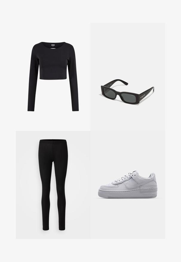 Sort cropped langærmet top lavet af strækstof. Har en rund halsudskæring og tætsiddende silhuet. Simpelt design uden mønstre eller accenter.; Sorte leggings lavet af et blødt, strækbart stof. De har en tætsiddende pasform med elastisk talje og en glat, mat overflade.; Grå Nike Air Force 1 sneakers med perforeret tå, glat læderoverdel, tyk sål og præget 'AIR' detalje på hælen.; Sorte rektangulære solbriller med mørke linser. Har en glat plastikramme og "vogue"-branding på stængerne.