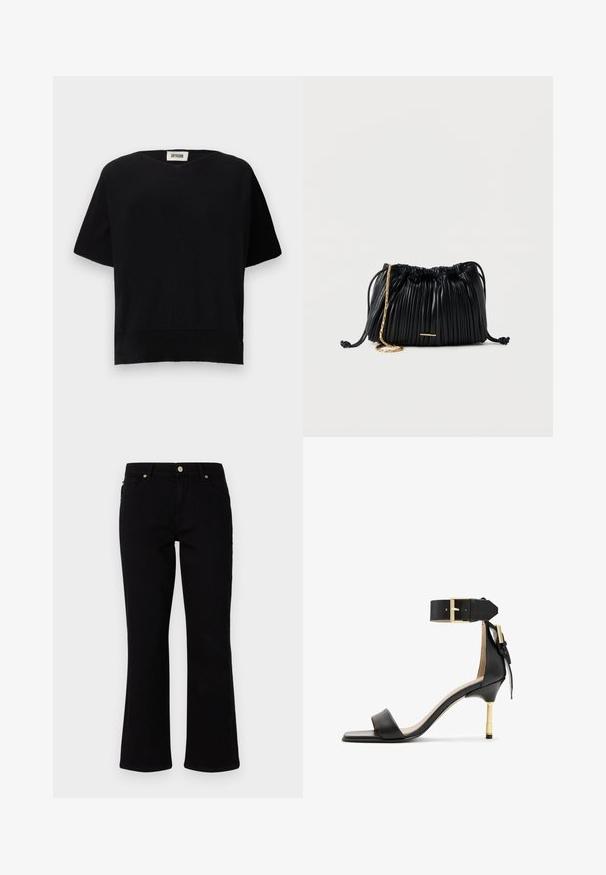 DRYKORN SOMELI - T-shirts basic - black; Sorte denim flared jeans med mid-rise talje, to forlommer og en enkelt baglomme. Med guldtonet knap og lynlås.; Sort læder hæl sandal med firkantet tå, ankelrem med en guldbuckle og en slank metallisk hæl. Glat tekstur, minimalistisk design.; Sort læderhåndtaske med plisseringer, snorelukning, guldkæde som rem og lille horisontalt guldakcent foran.