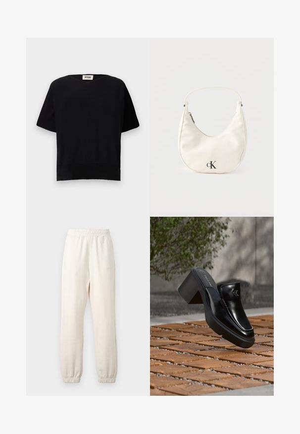 DRYKORN SOMELI - T-shirts basic - black; Kremfarvede joggingbukser med elastisk linning og manchetter, vist fladt mod en lys baggrund.; Sort læder Calvin Klein slip-on mule med blokhæl, der hviler på trætøj udendørs nær en grøn plante og en grå væg.; Lille hvid halvmåneformet håndtaske med kort rem, lynlås og sort "cK"-logo foran.
