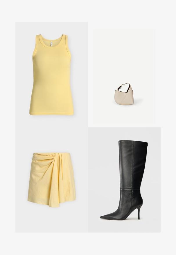 Débardeur côtelé jaune sans manches avec un col rond, présenté sur un fond gris clair uni.; Jupe mini jaune avec un détail froncé créant de doux plis sur le devant, en tissu léger.; Botte noire en cuir, hauteur genou, avec bout pointu et talon aiguille fin, texture lisse, profil latéral sur fond neutre.; Sac à main en cuir beige en forme de croissant avec une seule bandoulière et des coutures minimalistes, posé sur un fond blanc uni.
