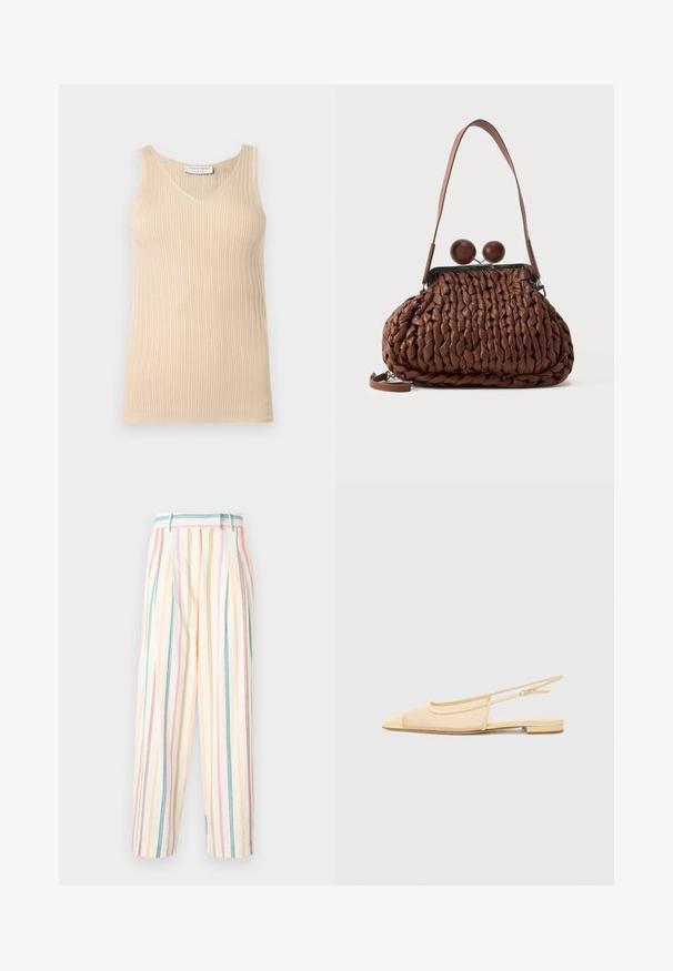 Ærmeløs beige ribstrikket top med V-hals og et "Tiger of Sweden" mærke i kraven mod en ensfarvet lys baggrund.; Stribede brede bukser i bomuld, med pastelfarver som pink, gul, grøn og blå, med plisseringer og en afslappet pasform.; Slingback fladsko i lys beige med en mesh-overdel, spids tå og en lav hæl. Har en justerbar strop for bedre pasform.; Brun flettet læderhåndtaske med en enkelt strop og to store runde trælukninger på toppen.