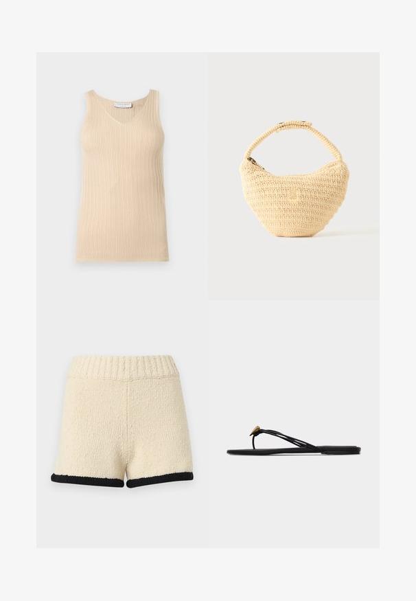 Haut sans manches beige en maille côtelée avec un col en V et une étiquette "Tiger of Sweden" au niveau du col sur un fond clair uni.; Shorts en tricot couleur crème avec taille côtelée et bordure noire à l'ourlet, présentés sur un fond clair uni.; Sandale plate noire en forme de tongs avec plusieurs fines lanières et une petite déco dorée en forme de larme sur la lanière avant.; Sac à main beige tissé avec corps arrondi, fermeture éclair et une sangle courte et épaisse dans un style crochet simple et texturé.