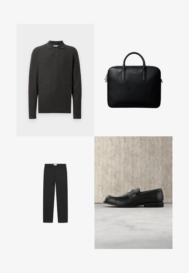 Polo noir à manches longues en tissu doux, avec un col structuré et une patte de boutonnage à trois boutons au motif texturé.; Pantalons noirs avec une coupe droite, fabriqués dans un tissu à texture lisse, dotés de deux poches avant et d'une taille standard.; Mocassin en cuir noir avec une plaque de marque en métal reposant près d'une table ronde marron sur un sol recouvert de moquette beige.; Mallette en cuir noir texturé avec double poignées et tirettes de fermeture éclair argentées, centrée sur fond blanc.