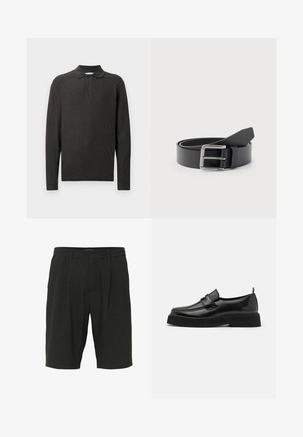 Camisa polo negra de manga larga hecha de una tela suave, con un cuello estructurado y una tapeta de tres botones con un patrón texturizado.; Pantalones cortos negros hechos de tejido texturizado, con un corte relajado, pliegues y una cinturilla elástica para mayor comodidad.; Zapatos estilo mocasín de cuero negro con suela plana y texturizada, con puntera cosida y una correa a lo largo del empeine.; Cinturón de cuero negro enrollado con hebilla metálica rectangular plateada grabada con "BOSS" sobre un fondo gris claro.