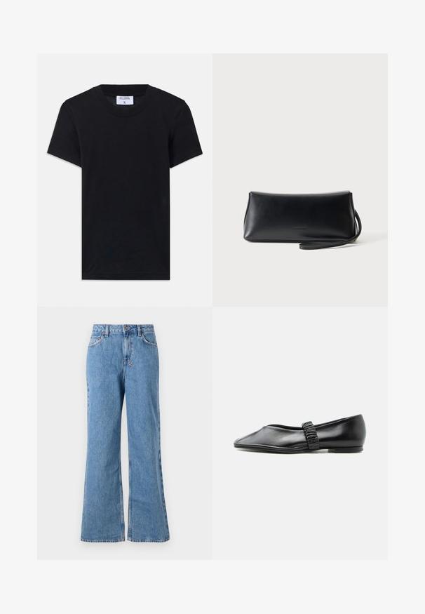 Sort bomulds T-shirt med rund hals, korte ærmer og en afslappet pasform. Etiketten viser "FILIPPA K" ved halsudskæringen.; Lyseblå denim wide-leg jeans med høj talje, der har en knap- og lynlåslukning, forlommer og en slidt tekstur.; Sort læder flad sko med en rynket rem over toppen og en let spids tå, vist mod en ensfarvet baggrund.; Sort glat læder clutch taske med tyndt håndledsrem, rektangulær form og diskret præget logo centreret foran.