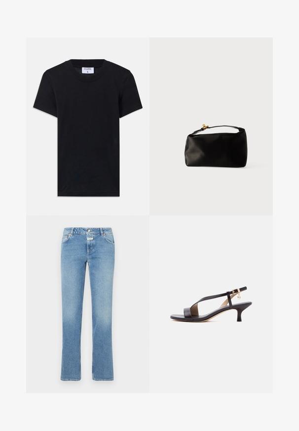 Camiseta de algodón negra con cuello redondo, mangas cortas y un corte relajado. La etiqueta dice "FILIPPA K" en el escote.; Vaqueros de mezclilla azul con un diseño de pierna recta, cintura de subida media, cinco bolsillos y un ligero desgaste en toda la tela.; Sandalia de tacón tipo kitten de cuero negro con punta abierta, tira diagonal, hebilla en el tobillo y pequeño charm dorado sobre fondo blanco.; Bolsa de terciopelo negro con forma redondeada, un asa superior y un cierre de acento dorado. Textura suave con un diseño minimalista.