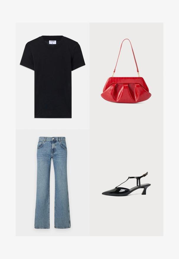 Sort bomulds T-shirt med rund hals, korte ærmer og en afslappet pasform. Etiketten viser "FILIPPA K" ved halsudskæringen.; Lyseblå, flagrende jeans i denimstof med en talje med knaplukning, fem lommer og et klassisk syet design.; Sort laklæder spids tå slingback sko med T-rem og lav skrå blokhæl på hvid baggrund.; Rød skuldertaske i læder med en struktureret ramme, plisseret krop og tynd justerbar rem mod en ensfarvet baggrund.