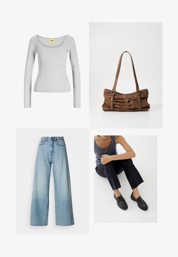 Haut gris clair à manches longues, ajusté, avec un large col en forme de scoop et une étiquette de marque jaune "JJXX" cousue à l'intérieur du col.; Jean bleu clair de style taille haute à jambes larges, en denim, avec un design à cinq poches et un délavage subtil pour la texture.; Mocassins en cuir noir avec accents texturés, talon bas, bout arrondi, et coutures visibles. Modèle portant un pantalon sombre et un haut gris.; Even&Odd Sac à main - brown