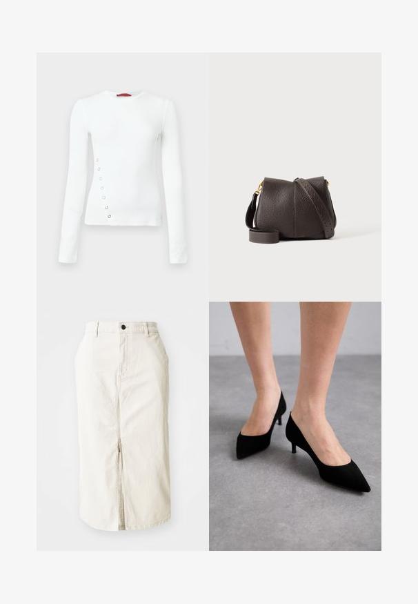 Hvid langærmet skjorte med ribbet struktur, med sølvfarvede huller langs venstre side og rundet halsudskæring.; Beige bomulds midi skirt med frontslids, øverste knaplukning og uden synlige lommer. Flad talje og glat tekstur.; Sorte ruskindspistede højhælede sko med en slank, klassisk mid-højde hæl og en bred åbning, præsenteret på bare fødder mod en grå baggrund.; Mørkebrun tekstureret læder crossbody taske med bred justerbar rem og guldfarvet hardware på en ensfarvet lys baggrund.