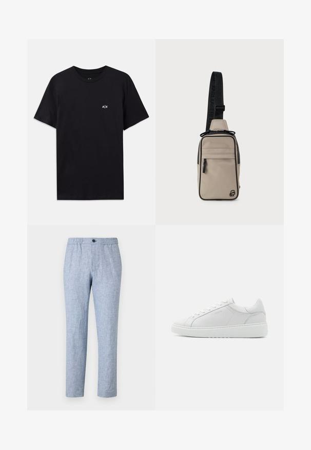 Zwart katoenen t-shirt met korte mouwen, ronde hals, met een klein wit "A|X" logo op de linkerkant van de borst. Glad textuur.; Lichtblauwe, linnenmix broek met een elastische tailleband en een enkele knoopsluiting. Rechtafstaande pijpen, gestructureerde stof, zonder patronen.; Witte lederen sneaker met een gladde textuur, ronde neus, laag profiel ontwerp en subtiele branding aan de zijkant. Gevoerde kraag en veters.; Beige slouchy schoudertas van stof, met een zwarte strap met logo, ritscompartimenten en een subtiel embleem aan de voorkant.