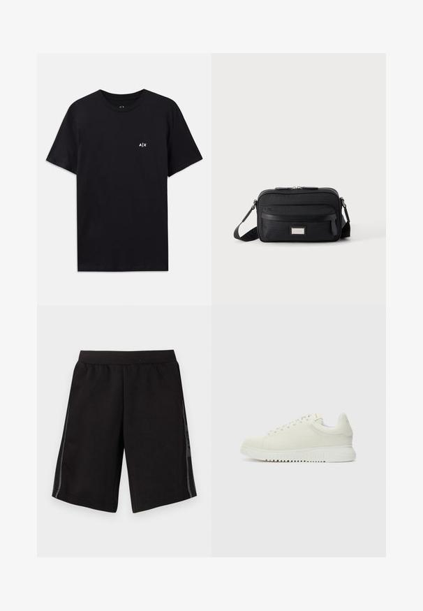 T-shirt en coton noir à manches courtes, col ras du cou, avec un petit logo blanc "A|X" sur la zone de la poitrine gauche. Texture lisse.; Shorts de sport noirs avec une taille élastique, présentant des panneaux en maille sur les côtés et un logo sur la jambe gauche. Texture de tissu lisse.; Baskets blanches en cuir avec un dessus texturé, bout rond, semelle plate blanche et lacets ton sur ton. Marque discrète sur la languette.; Sac bandoulière rectangulaire noir avec poche avant zippée, sangle réglable et plaque logo rectangulaire argentée sur fond uni.